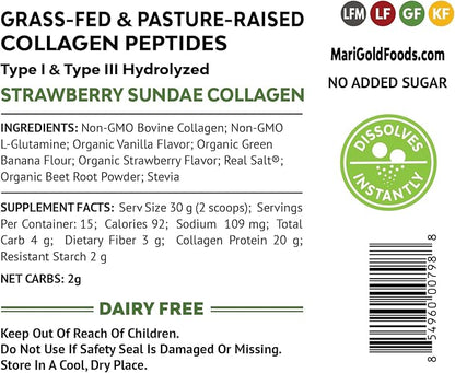 MariGold Grass-fed Collagen Peptides Powder Strawberry Sundae 1LB - 100% Pure, Type I & III Bovine Hydrolyzed Collagen, Non-GMO, Hormone Free, Soy Free, Gluten Free, Dairy Free, Keto-Friendly