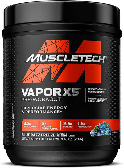 MuscleTech Pre-Workout Powder, Vapor X5 - Sports Nutrition Muscle Building Supplements for Women & Men - Intense Muscle Pump Energy Powder Drink Mix - Blue Razz Freeze, 266g (30 Servings)