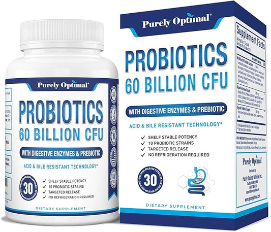 Purely Optimal Premium Probiotics 60 Billion CFU w/Organic Prebiotics & Digestive Enzymes