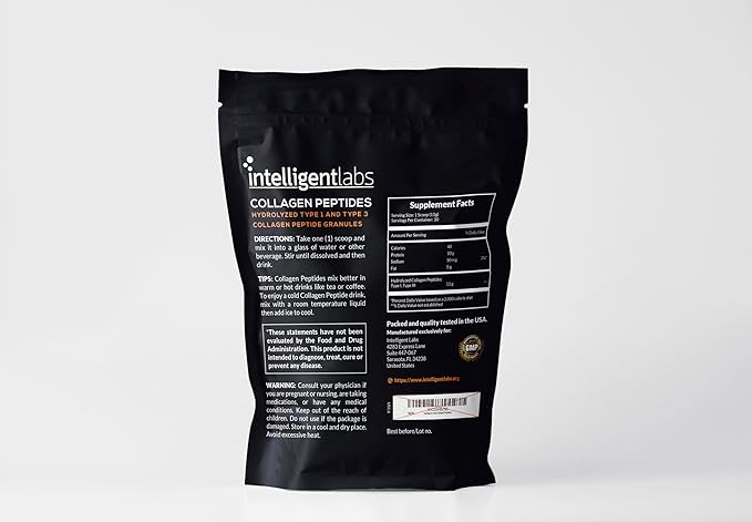 Intelligent Labs Hydrolyzed Type 1 and 3 Collagen Peptide Granules, Collagen Powder Unflavored, Keto and Paleo-Friendly, Third-Party Verified For Purity, 11g per Serving, 30 Servings a Pouch