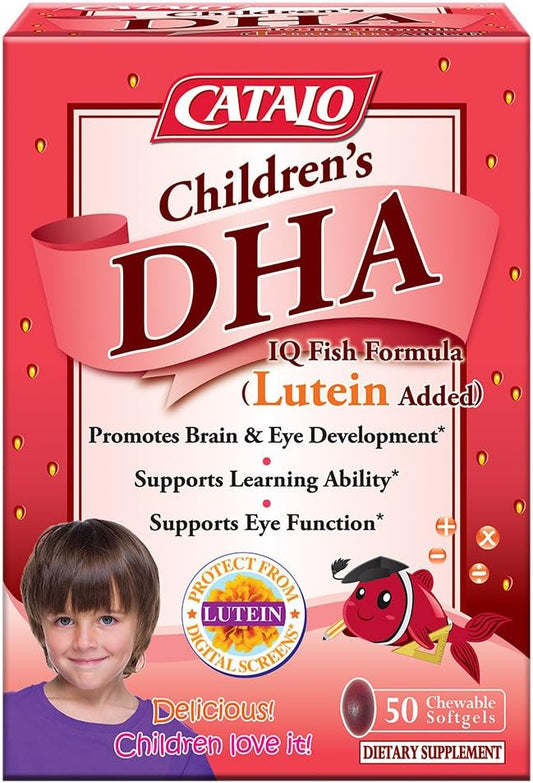 CATALO Children’s DHA IQ Formula with Lutein from Marigold Extract - Omega 3 for Kids, Yummy Strawberry Flavored Chewable Softgels with 200 mg of DHA and 42 mg of EPA - Made in USA