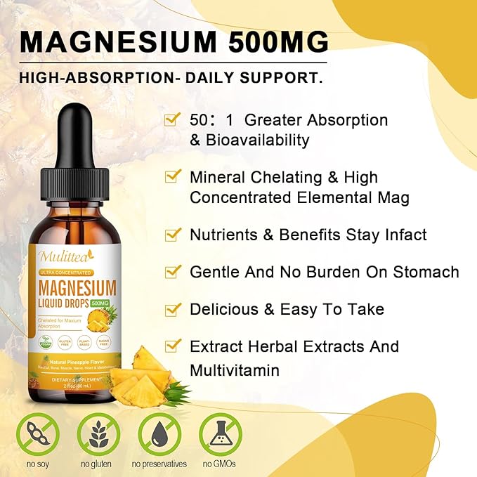 Magnesium Liquid Drops - High Absorption 5-in-1 Magnesium Complex Supplement with Magnesium Glycinate, Malate, Citrate, Taurate - for Bone, Muscles, Nerves & Energy - Vegan, Sugar Free, 2 Fl.oz