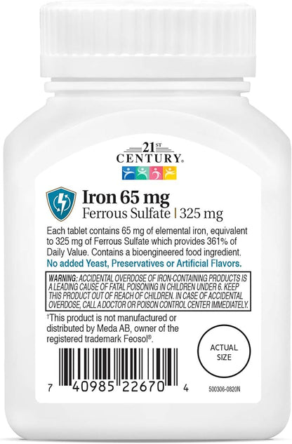 21st Century Iron 65 mg Ferrous Sulfate 325 mg Tablets, 120 Count