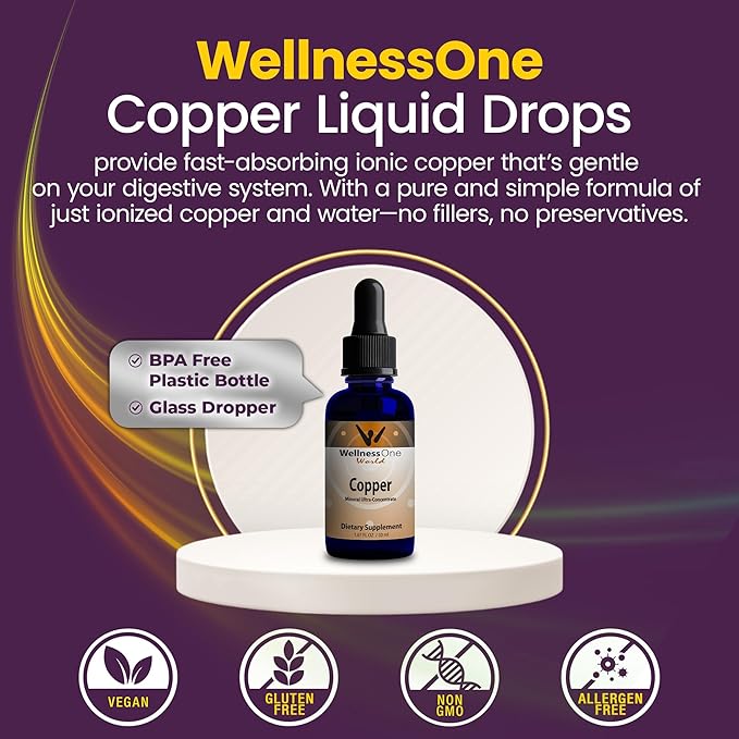 WellnessOne Liquid Copper Supplements - Bone Health & Immune Support Supplement - Copper Supplement Drops for Blood Cell Production & Collagen Formation for Kids, Men & Women - 1.67 fl oz