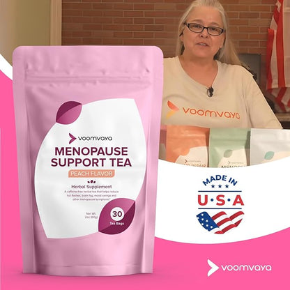 VoomVaya Menopause Support Tea - Natural Menopause Relief for Women with Red Clover & Black Cohosh - Alleviates Hot Flashes, Night Sweats, Mood Swings - Peach Flavor - 30 Teabags