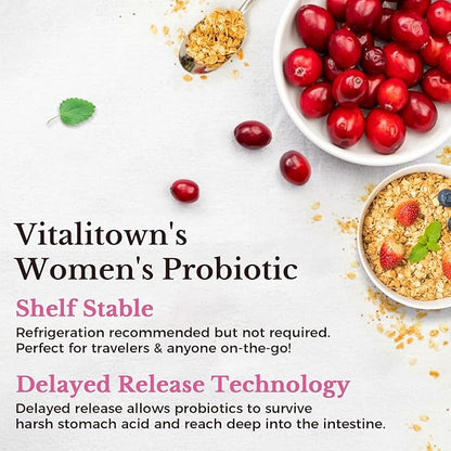 Vitalitown Probiotics for Women 120 Billion CFUs, 30 Strains, with Prebiotics & Digestive Enzymes & Cranberry, Gut & Vaginal Health, Vegan 60 (Pack of 1) Delayed Release Caps
