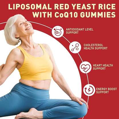 Red Yeast Rice with CoQ10 Gummies Sugar Free, Red Yeast Rice Supplement with Odorless Garlic Extract, Vitamin E, Vitamin D3 & K2, Cholesterol Support & Heart Health, Natural Mixed Berry Flavor, 60 Ct