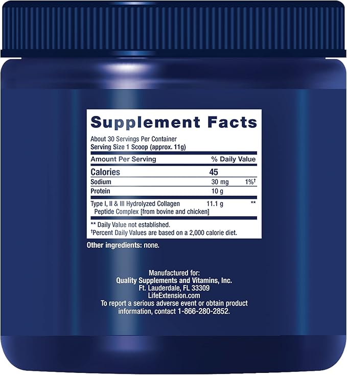 Life Extension Collagen Peptides for Skin & Joints, Collagen Types I, II & III in an Easy-Mix Powder, Gluten Free, Non-GMO, net Weight 343 Grams