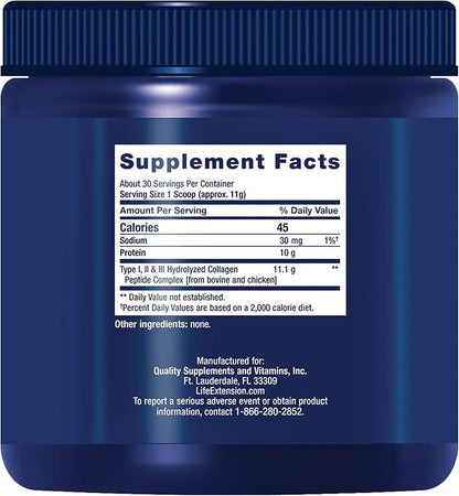Life Extension Collagen Peptides for Skin & Joints, Collagen Types I, II & III in an Easy-Mix Powder, Gluten Free, Non-GMO, net Weight 343 Grams