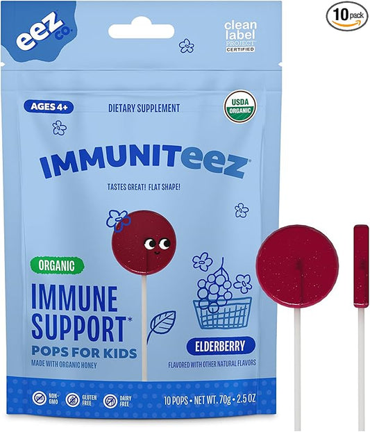 Immuniteez Organic Elderberry Lollipops for Kids - Immune Support with Vitamin C, D, E, Zinc and Organic Honey - Gluten Free Kids Vitamins - 10 Count Bag