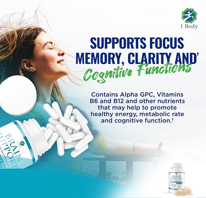 1 Body Brain Support Triple Pack, Alpha GPC and Lion's Mane Extract, 90 Capsules Each