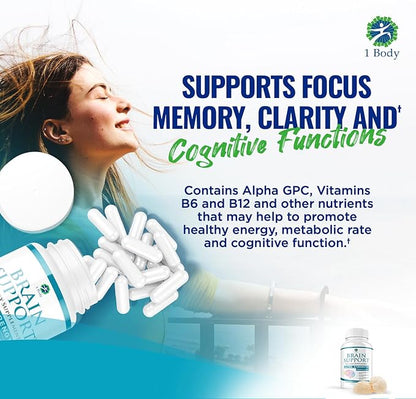 1 Body Brain Support Triple Pack, Alpha GPC and Lion's Mane Extract, 90 Capsules Each