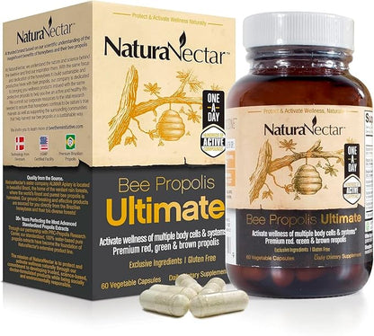 NaturaNectar - Ultimate Bee Propolis Capsules - NSF Contents Certified -Brazilian Red, Brown, & Green - Gluten-Free Supplement with Flavonoids - Naturally Sourced Through Ethical Beekeeping (60pcs.)
