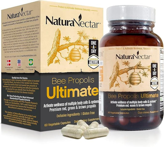 NaturaNectar - Ultimate Bee Propolis Capsules - NSF Contents Certified -Brazilian Red, Brown, & Green - Gluten-Free Supplement with Flavonoids - Naturally Sourced Through Ethical Beekeeping (60pcs.)