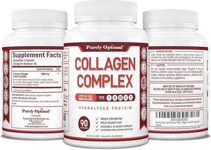 Purely Optimal Premium Multi Collagen Peptides Capsules (Types I, II, III, V, X) - Hair, Skin and Nails, Digestive & Joint Health Supplement, Hydrolyzed Collagen Pills (90 Capsules)