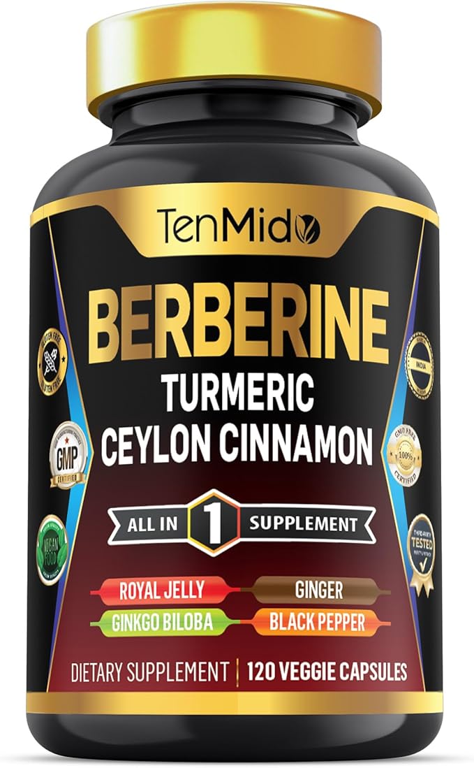 Berberine Supplement - 7in1 Formula - Combine with Turmeric, Royal Jelly, Ceylon Cinnamon, Ginkgo Biloba, Ginger & Black Pepper - Digestive Health, Immune Support - 120 Capsules