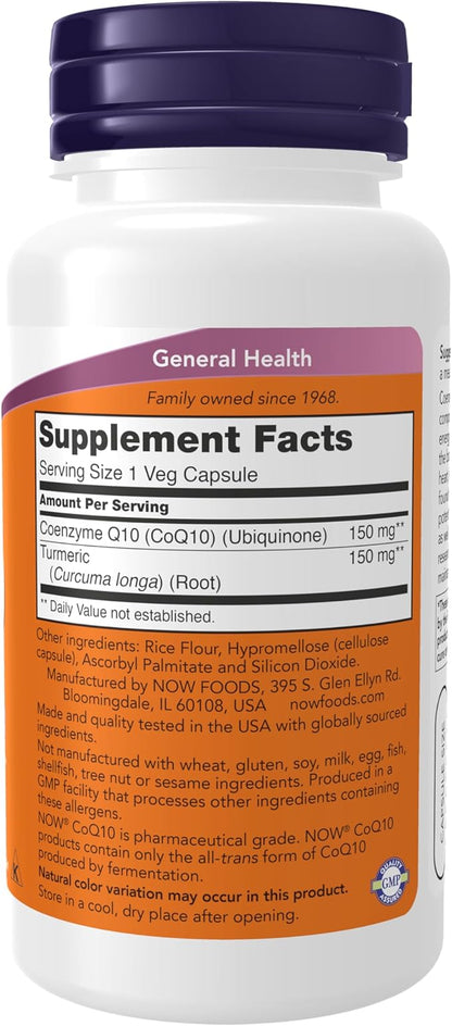 NOW Foods Supplements, CoQ10 150 mg, Pharmaceutical Grade, All-Trans Form produced by Fermentation, 100 Veg Capsules