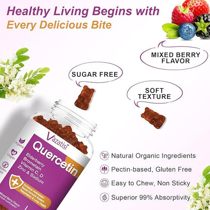 Quercetin Gummies, Quercetin with Vitamin C Zinc, Bromelain, Elderberry and Vitamin D, Immune Support Adults Kids, Women Men, 60 Gummies Chewable