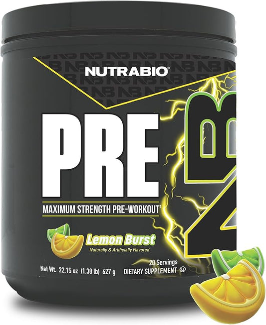 NutraBio PRE Workout Powder - New Formula- Sustained Energy, Mental Focus, Endurance - Beta Alanine, Caffeine, Electrolytes - 20 Servings - Lemon Burst