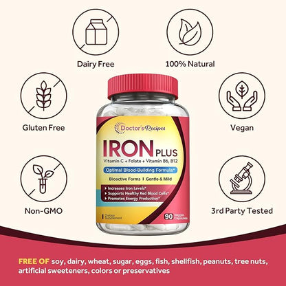 Doctor's Recipes Iron Supplement for Women Men - Gentle Iron Bisglycinate with Vitamin C, B6, Folate & B12 - Non-Constipating & Stomach Friendly Iron Pills for Blood & Energy Support, 90 Vegan Caps