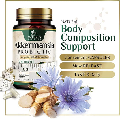 GLP-1 Akkermansia Probiotic Supplement for Women & Men, Akkermansia Muciniphila GLP 1 Probiotics with Prebiotic, 2 Billion AFU, Natural Digestive, Gut Health, & GLP 1 Production Support, 60 Capsules