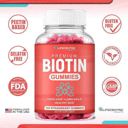 Biotin Gummies for Hair Growth | Max Strength Biotin 10000mcg Prevents Thinning and Loss | Chewable Biotin Supplement For Women Men and Kids | 100 Count Vegan Hair Gummies for Hair Skin and Nails