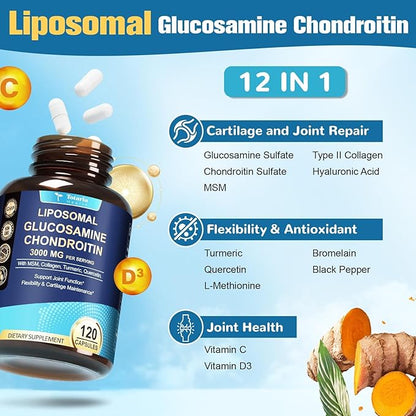 (2 Packs) Glucosamine Chondroitin MSM Collagen, 3000MG HSA FSA Eligible Items Only List for Men & Woman, Hsa Store Eligible Items Supplement, Glucosamine Chondroitin Sulfate 120 Capsules Made in USA