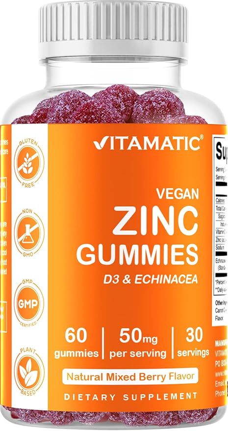 Vitamatic Zinc 50mg Gummies – 60 Vegan Gummies – Gluten-Free – 2 Pack (120 Gummies Total)