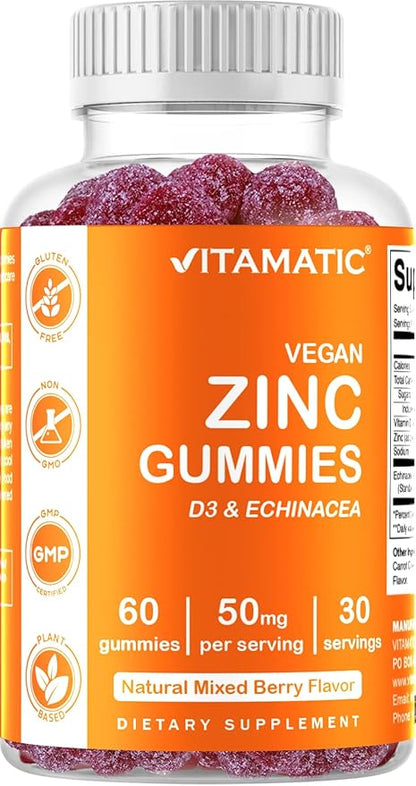 Vitamatic Zinc 50mg Gummies – 60 Vegan Gummies – Gluten-Free – 2 Pack (120 Gummies Total)