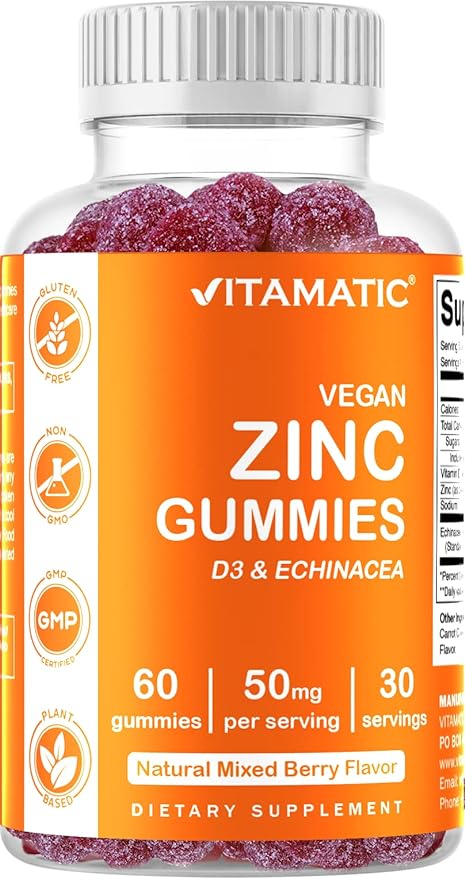 Vitamatic Zinc 50mg Gummies – 60 Vegan Gummies – Gluten-Free – 2 Pack (120 Gummies Total)