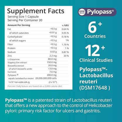 5 in 1 High Potency H. Pylori Treatment Probiotics - 1 Per Day - Gastritis, Acid Reflux, Heartburn, Stomach Lining Repair - Pylopass Lactobacillus Reuteri DSM17648 - Made in Germany