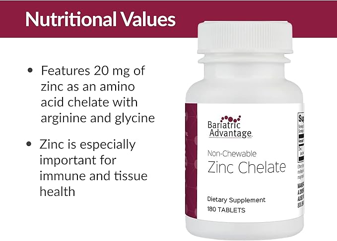 Bariatric Advantage Non Chewable Zinc Chelate, Highly Absorbable 20 mg Zinc Arginine and Zinc Glycine Tablets for Bariatric Surgery Patients - 180 Tablets