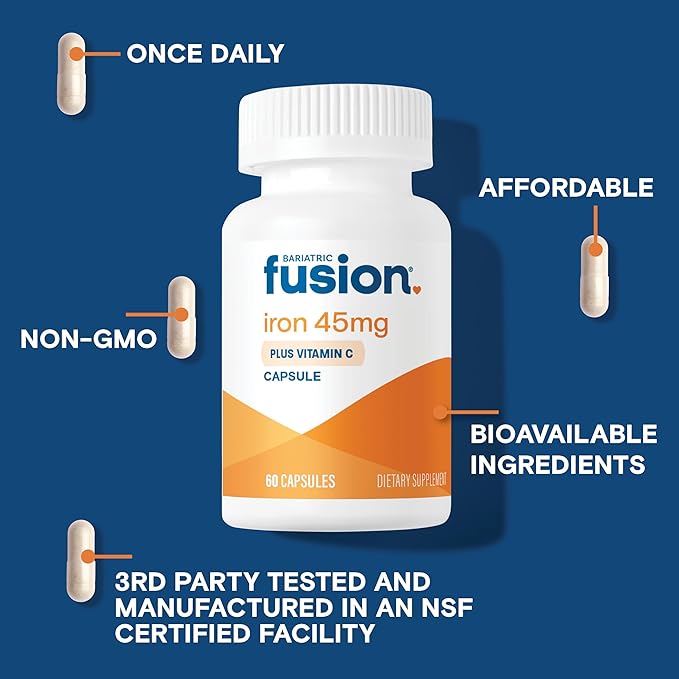 Bariatric Fusion Iron Supplement 45mg with Vitamin C | 1 Per Day | Vitamins for Women and Men | Gluten, Dairy and Soy Free | Non-GMO | 60 Count