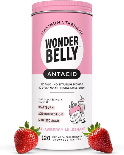 Wonderbelly Antacid, Effective Heartburn and Instant Acid Indigestion Relief, Extra Strength Chewable Tablets, 1000 mg Calcium Carbonate, No Talc or Dye, Strawberry Milkshake, 120 Count