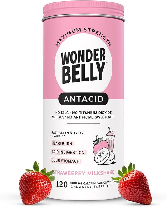 Wonderbelly Antacid, Effective Heartburn and Instant Acid Indigestion Relief, Extra Strength Chewable Tablets, 1000 mg Calcium Carbonate, No Talc or Dye, Strawberry Milkshake, 120 Count