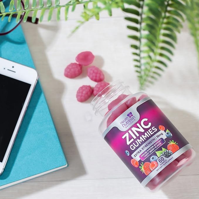 Zinc Supplement 50mg Gummies for Adults - Max Strength Skin Health & Immune Support Gummy, Vegan, Non-GMO & Gluten Free, Nature’s Antioxidant & Bone Health Chewable Zinc Vitamins - 60 Gummies