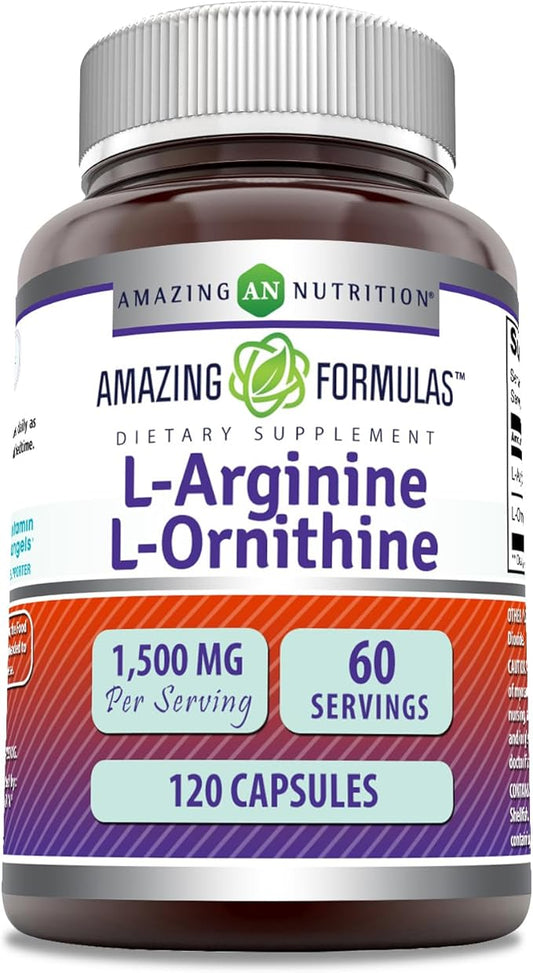 Amazing Formulas L-Arginine/L-Ornithine 1500 Mg Per Serving, Capsules | Non-GMO | Gluten Free | Amino Acid Supplement (120 Count)