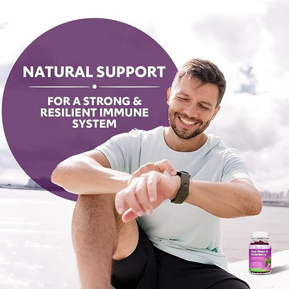 Elderberry Gummies with Sea Moss, Bladderwrack, Burdock, Echinacea, Apple Cider Vinegar, Chlorophyll, Vitamin C, D & Zinc Supplement for Women, Men, Adults and Kids, Blueberry Flavor 60Ct