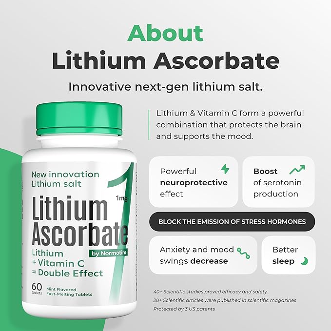 Lithium Ascorbate 1 mg with Vitamin C - 60 Tablets – Brain Supplements for Memory and Focus, Mood and Stress Relief Supplement, Lithium Orotate, Depression Support, Brain Booster