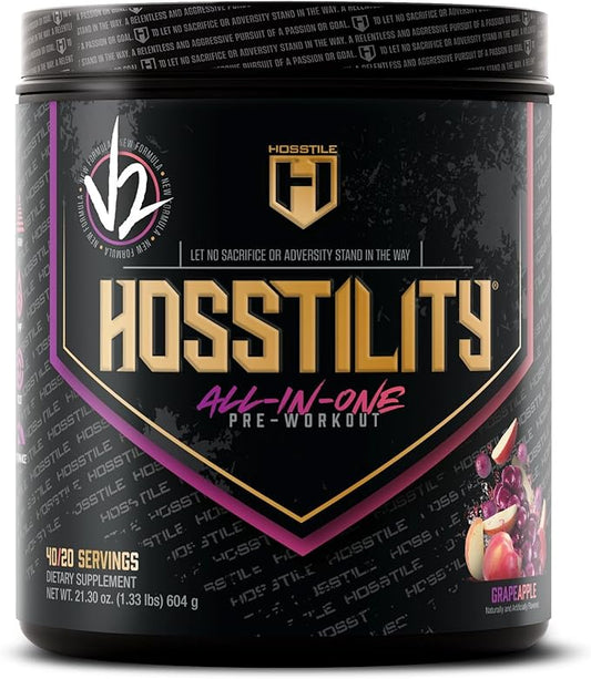 HOSSTILE Hosstility V2 Pre Workout, All-in-One Pre Workout Powder for Men and Women, Enhance Muscle Pump, Increase Energy, Boost Strength, Sharpen Focus, Grape Apple, 40 Servings