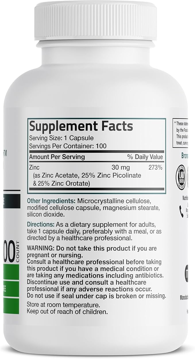 Bronson Zinc Triple Play 30 mg Triple Coverage Immune Support with Zinc Acetate, Picolinate & Orotate - Immune, Antioxidant & Skin Health Support - 100 Vegetarian Capsules