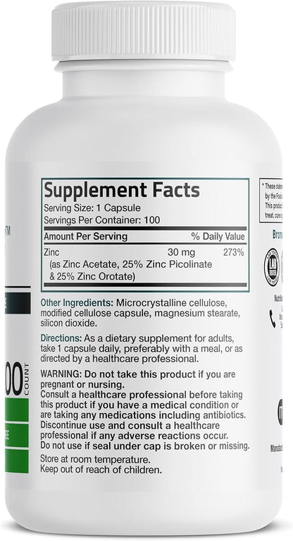 Bronson Zinc Triple Play 30 mg Triple Coverage Immune Support with Zinc Acetate, Picolinate & Orotate - Immune, Antioxidant & Skin Health Support - 100 Vegetarian Capsules