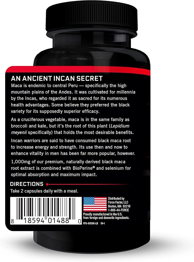 FORCE FACTOR Black Maca Root, 3-Pack, Vitality Supplement for Men with Superior Absorption and Power, Natural Maca Negra Extract, Fundamentals Series, 1000mg, 180 Capsules