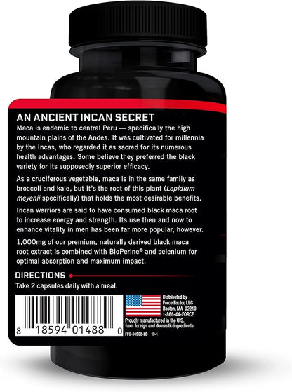 FORCE FACTOR Black Maca Root, 2-Pack, Vitality Supplement for Men with Superior Absorption and Power, Natural Maca Negra Extract, Fundamentals Series, 1000mg, 120 Capsules