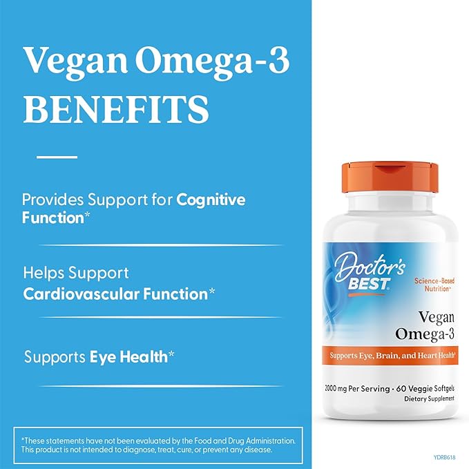 Doctor's Best Vegan Omega-3 EPA + DHA, Supports Eye, Brain, and Heart Health, Non-GMO, Gluten Free, Vegan, 60 Veggie Softgels