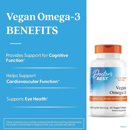 Doctor's Best Vegan Omega-3 EPA + DHA, Supports Eye, Brain, and Heart Health, Non-GMO, Gluten Free, Vegan, 60 Veggie Softgels