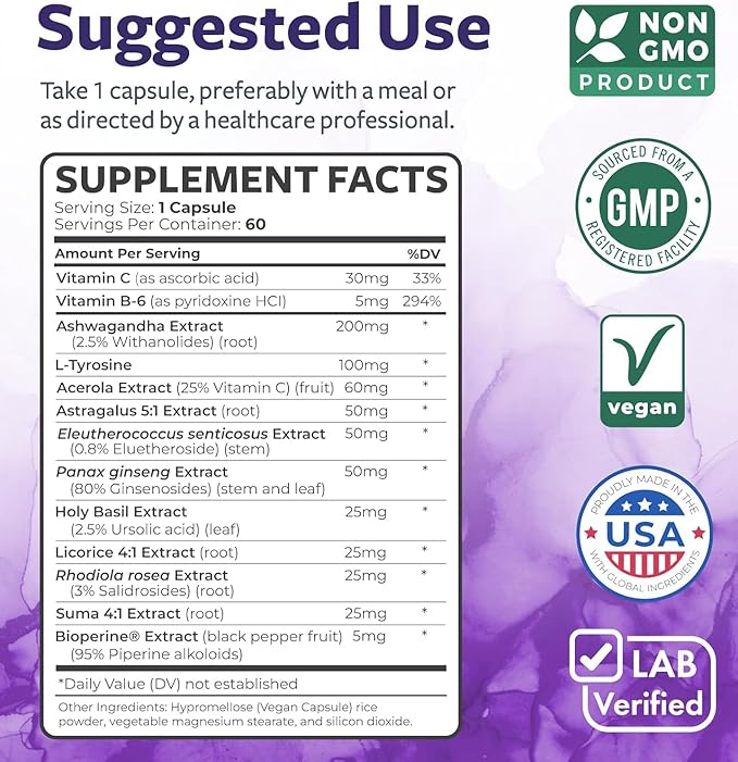 Adrenal System Support & Cortisol Manager (2 Month Supply) Powerful Ashwagandha & L-Tyrosine Fatigue Supplement - Maintain Balanced Cortisol Levels, Health, & Stress Relief - Non-GMO - 60 Capsules