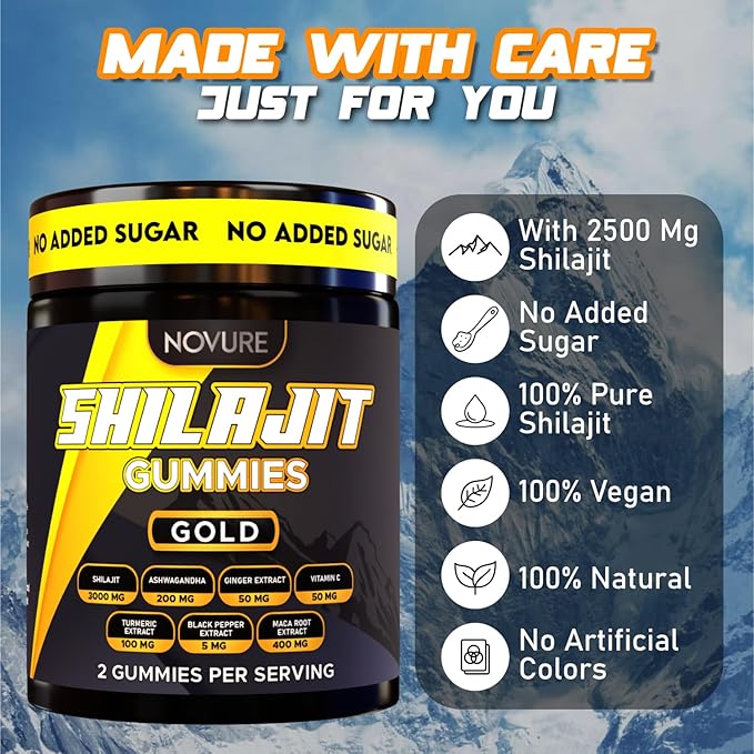 Pure Himalayan Shilajit Gummies No Added Sugar Ashwagandha, MACA Root, Turmeric Extract with Vitamin C, Non-GMO 100% Natural & Organic (60 Count, Gold)