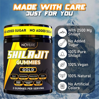 Pure Himalayan Shilajit Gummies No Added Sugar Ashwagandha, MACA Root, Turmeric Extract with Vitamin C, Non-GMO 100% Natural & Organic (60 Count, Gold)