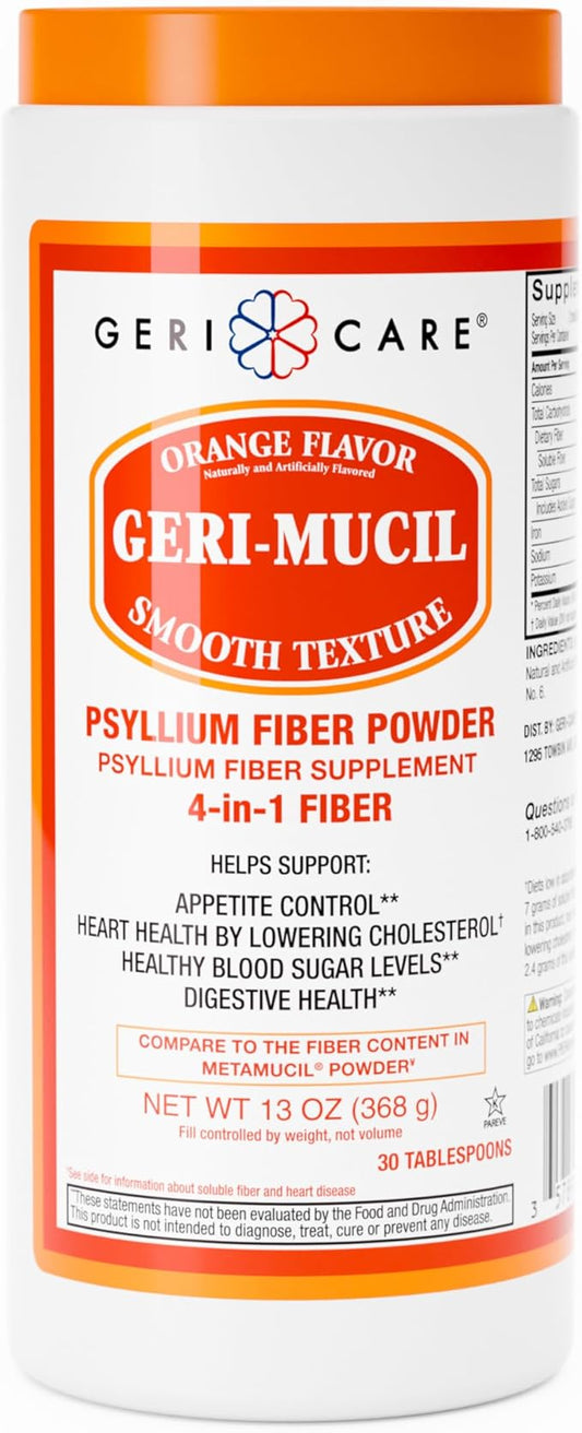 Geri-Mucil Psyllium Powder By GeriCare|4-In-1 Orange-Flavor Psyllium Husk Powder| Daily Fiber Supplement| Sweetened Gluten-Free Fiber Drink Mix| Water-Soluble Husk Fiber Powder For Bowel Movement|13oz